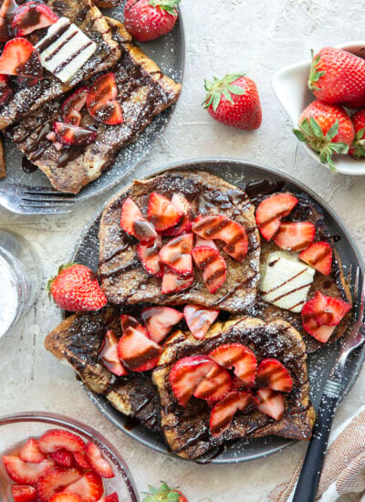 This stunning espresso chocolate French toast is a mocha-lover's dream! Serve slices hot off the griddle with fresh strawberry sauce and plenty of chocolate syrup.