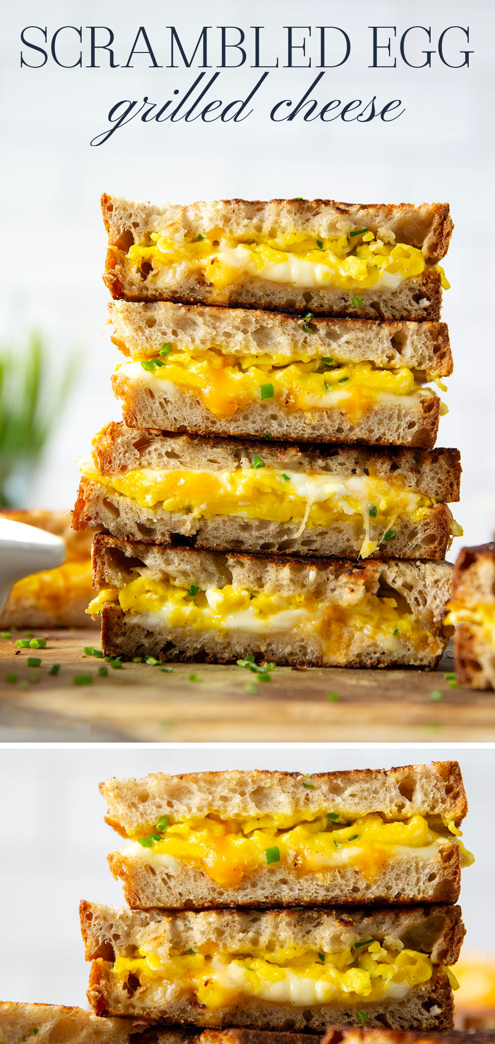 This breakfast-style scrambled egg grilled cheese is loaded to the max with scrambled eggs and two kinds of gooey cheese.