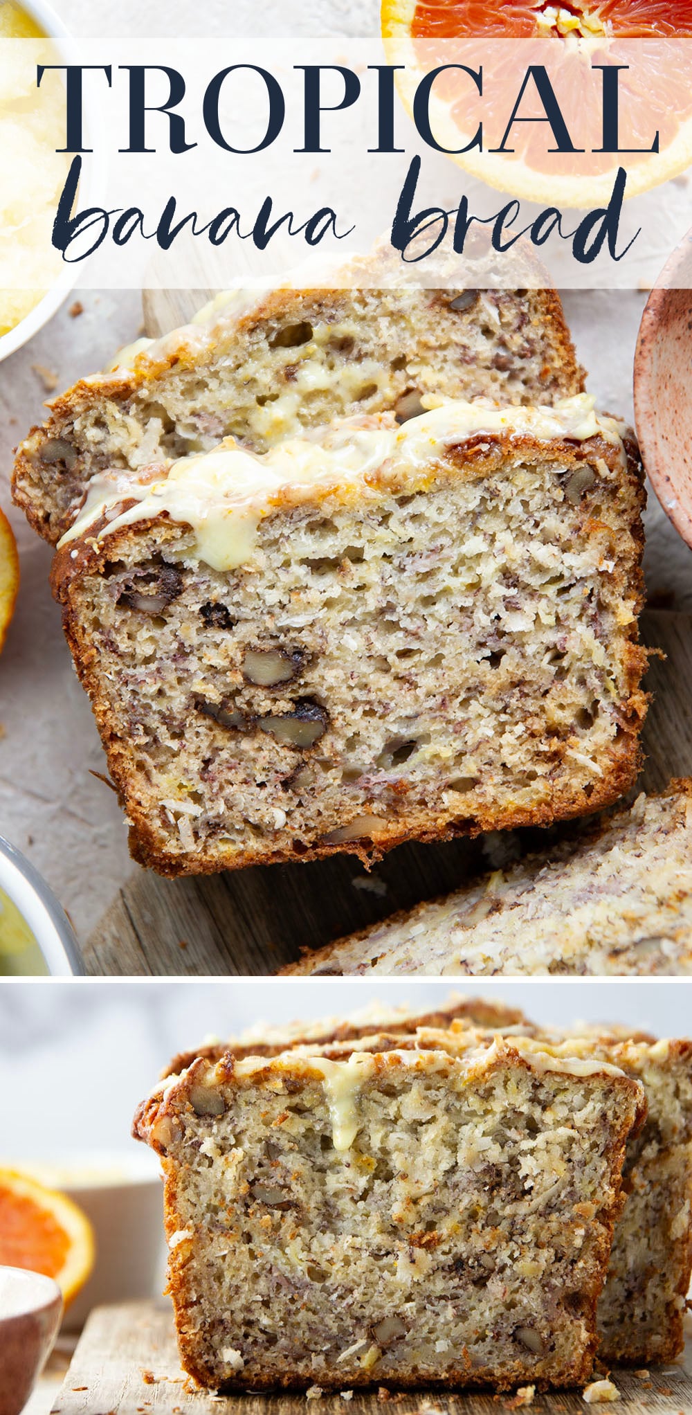 This tropical banana bread features a perfectly soft and dense texture and is packed with flaked coconut, lots of pineapple, and topped with a sweet citrus glaze.