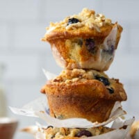 These big bakery-style blueberry almond streusel muffins will be the star of your brunch! Supremely moist inside, loaded with juicy blueberries and topped with a buttery almond topping.