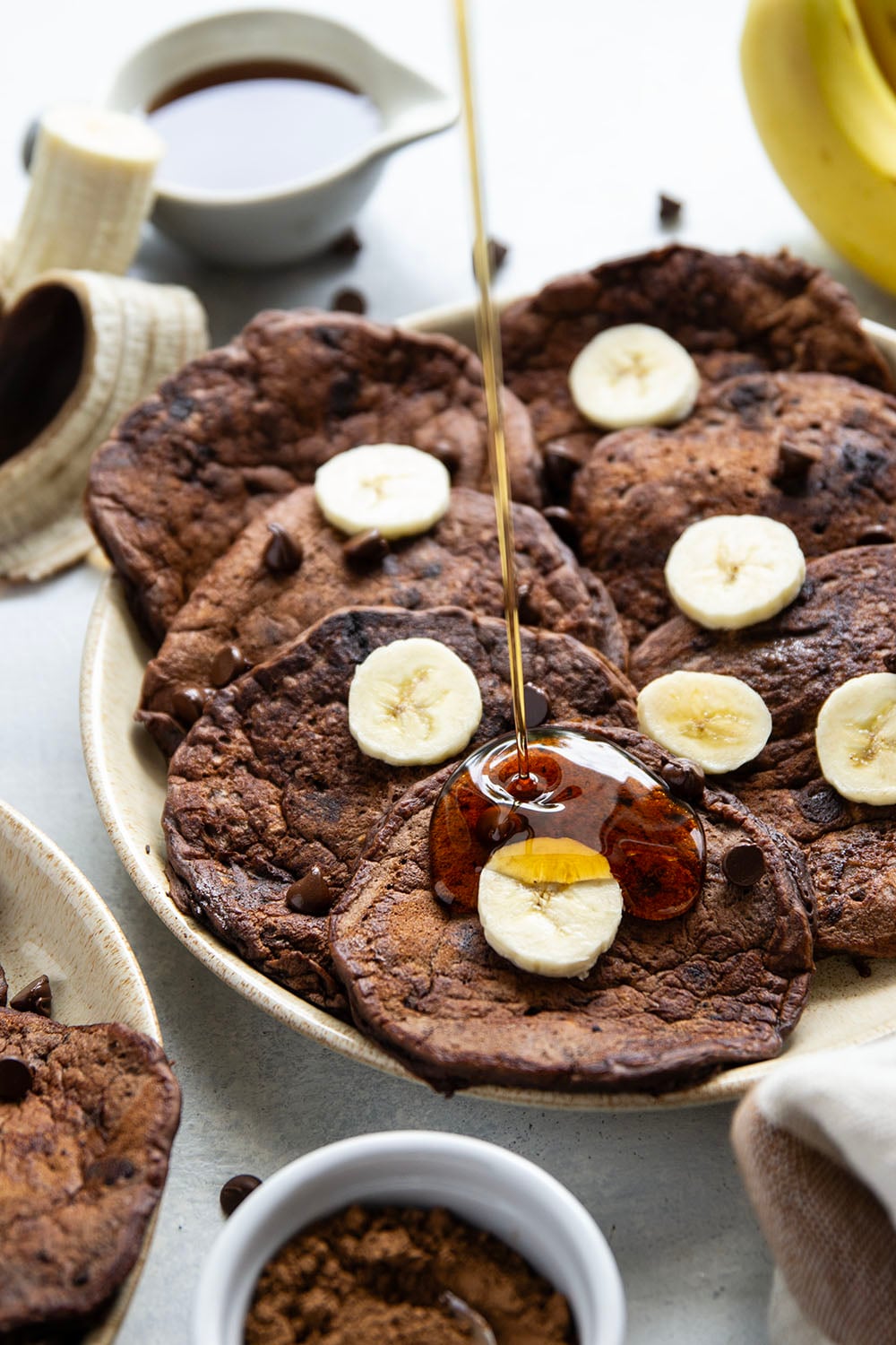 These thick and fluffy chocolate banana pancakes are the ultimate breakfast indulgence! Loaded with a double whammy of chocolate and lots of banana flavor.