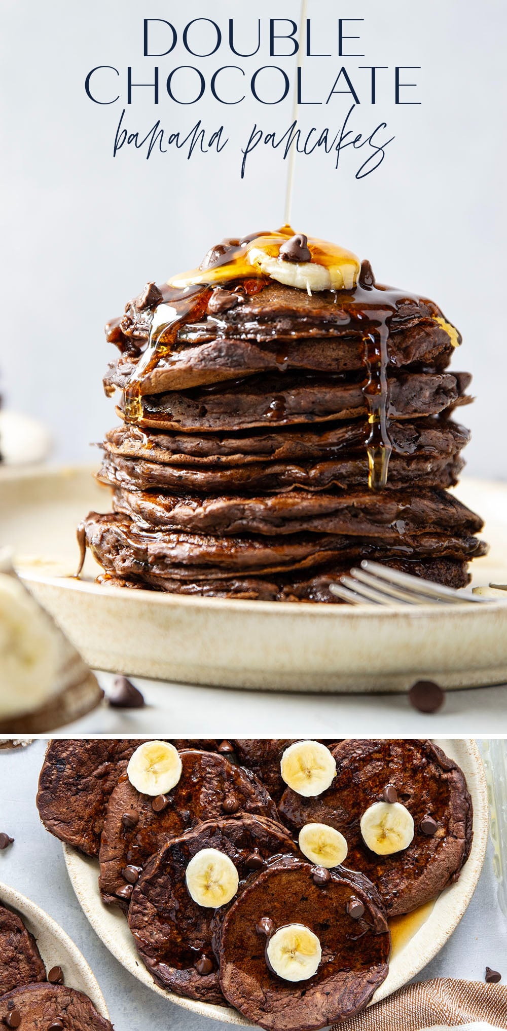 These thick and fluffy chocolate banana pancakes are the ultimate breakfast indulgence! Loaded with a double whammy of chocolate and lots of banana flavor.