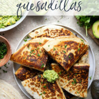These ground beef quesadillas feature a cheesy ground beef black bean filling and lots of sweet corn guacamole for dipping.