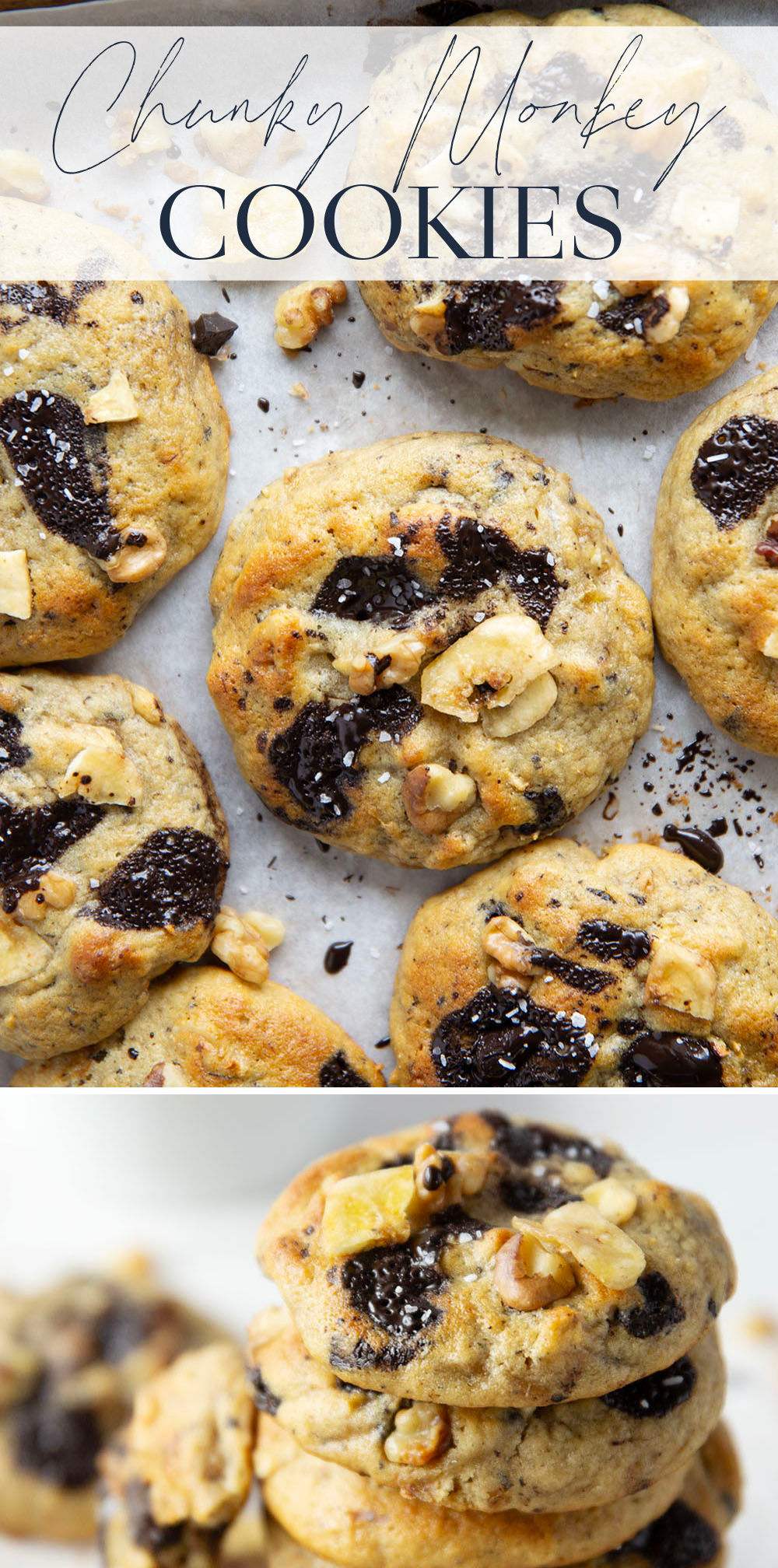 Jam-packed with toasted walnuts, banana, and gooey chocolate chunks, these chunky monkey cookies are a riff on the classic Ben & Jerry's ice cream and are sure to become a cookie jar staple!