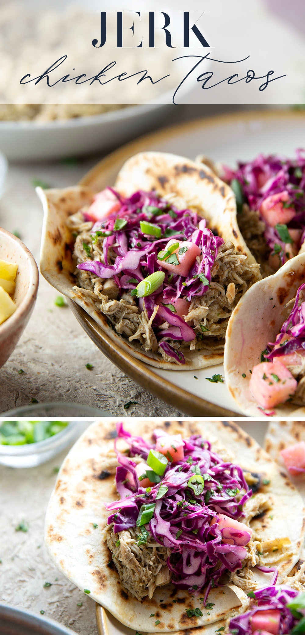 Spicy slow-cooked jerk chicken tacos feature fall-apart tender chicken cooked in a spicy homemade jerk sauce and topped with a fresh pineapple slaw.