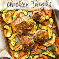Baked in a sweet and flavorful maple dijon sauce with tender fall veggies, these maple dijon chicken thighs are a quick weeknight dinner that everyone always loves!