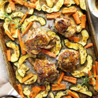 Baked in a sweet and flavorful maple dijon sauce with tender fall veggies, these maple dijon chicken thighs are a quick weeknight dinner that everyone always loves!