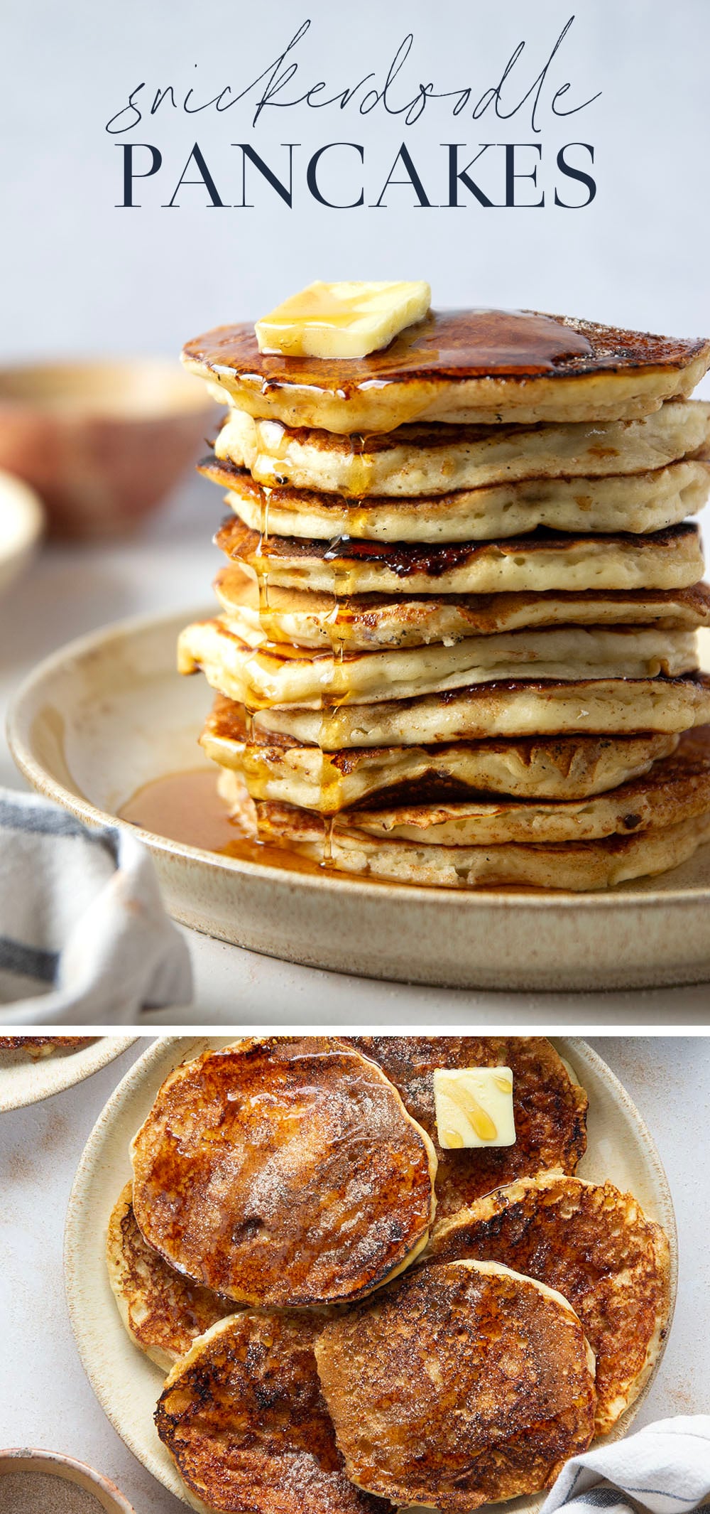 Love snickerdoodle cookies? You'll adore these snickerdoodle pancakes that feature a fluffy buttermilk pancake base with cinnamon sugar caramelized on the outside.