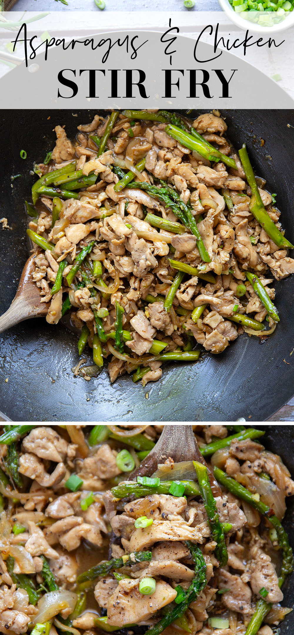 Dinner's on in only 30 minutes with this simple asparagus and chicken stir fry! Tender asparagus and juicy chicken are stir fried in minutes in a quick and flavorful soy ginger garlic sauce.