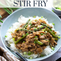 Dinner's on in only 30 minutes with this simple asparagus and chicken stir fry! Tender asparagus and juicy chicken are stir fried in minutes in a quick and flavorful soy ginger garlic sauce.