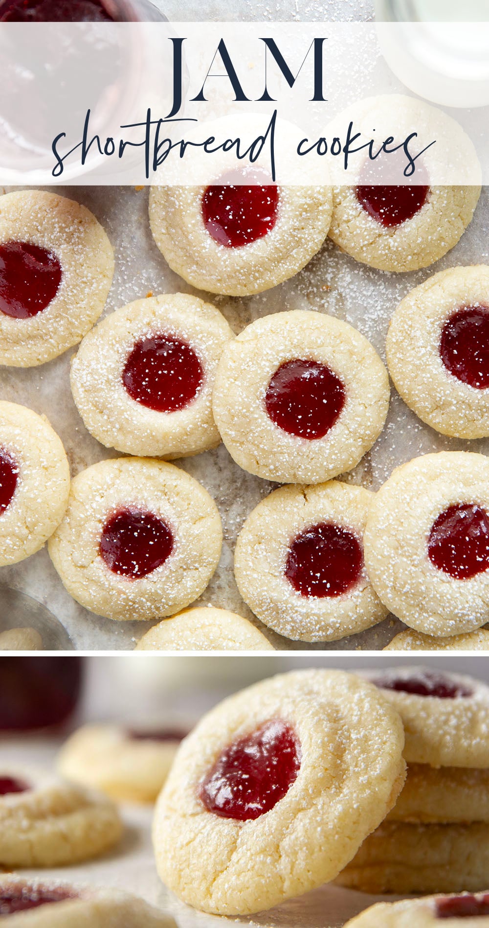 These beautiful jam shortbread cookies are crisp, buttery and filled with lots of sweet jam! They're always well-received at any kind of gathering.