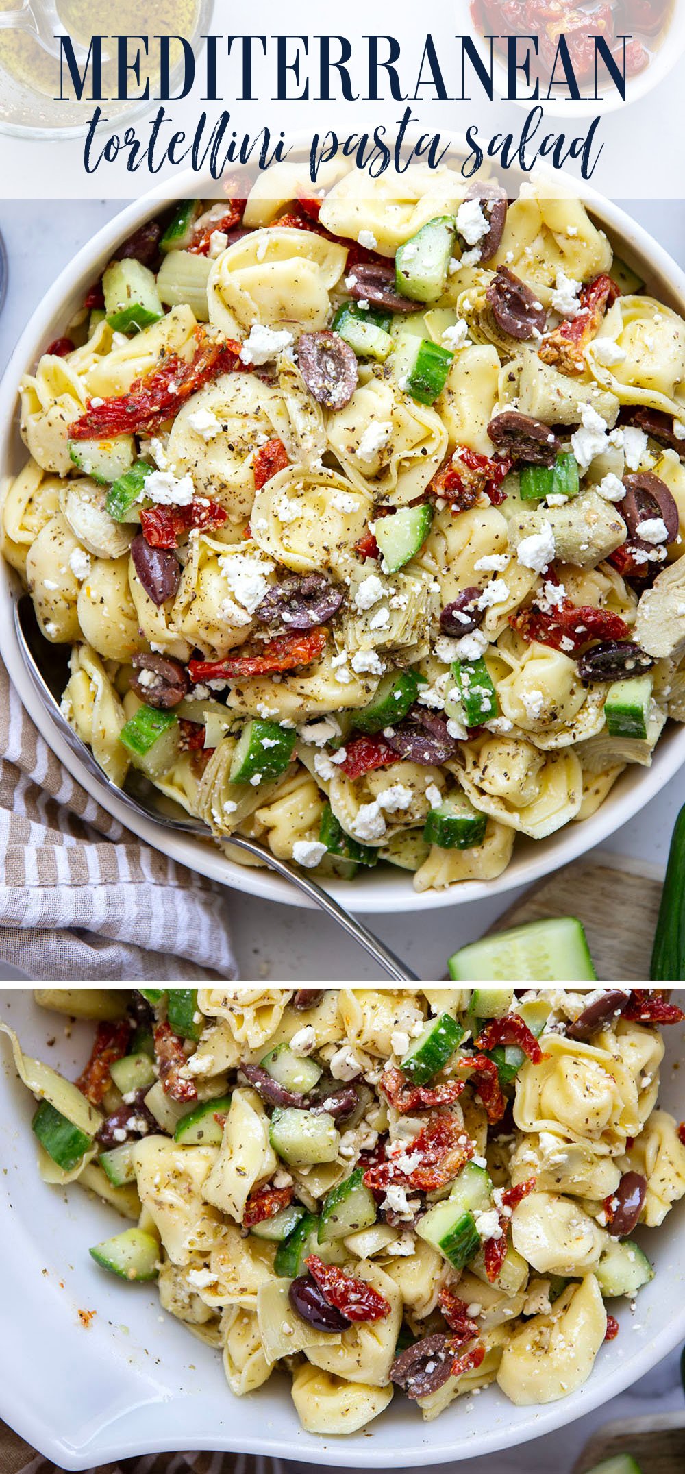 Bring this fresh Mediterranean tortellini pasta salad to any picnic and watch it disappear! Loaded with a rainbow of Mediterranean ingredients and tossed in a tangy white wine vinaigrette.