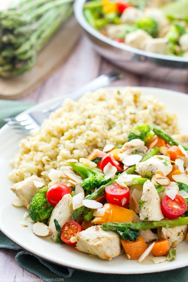 Chicken Asparagus Stir-Fry with Tomatoes + Toasted Almonds