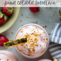 This creamy piña colada smoothie will make you feel like you took a trip to the tropics! Packed with lots of fruit, coconut flavor, and a big protein boost as well.