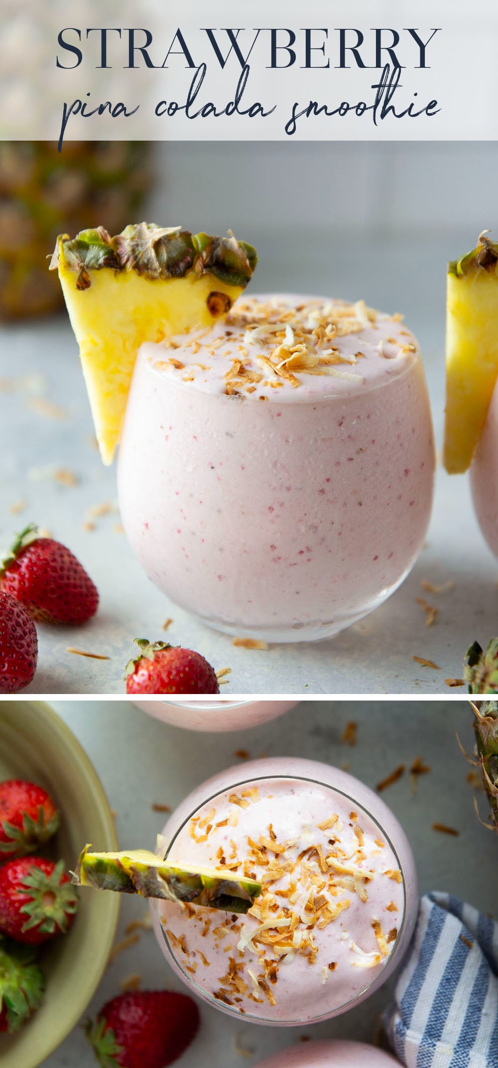 This creamy pina colada smoothie will make you feel like you took a trip to the tropics! Packed with lots of fruit, coconut flavor, and a big protein boost as well.