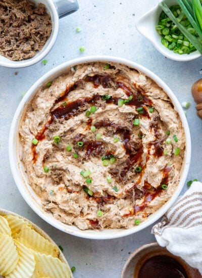 Leftover brisket is the perfect meaty base for this creamy, flavorful BBQ beef brisket dip that goes great with chips, crackers, or as sandwich spread!