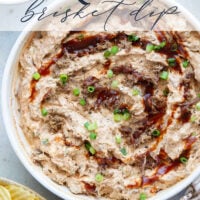 Leftover brisket is the perfect meaty base for this creamy, flavorful BBQ beef brisket dip that goes great with chips, crackers, or as sandwich spread!