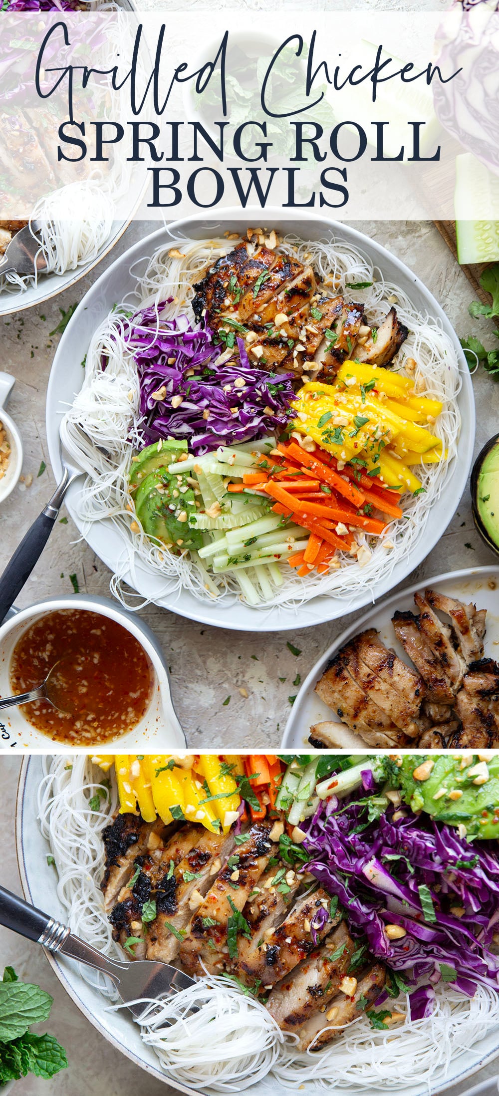 Lemongrass marinated grilled chicken and all the fresh spring roll ingredients collide in these colorful spring roll bowls. Easy to prep ahead for healthy lunches or dinners!