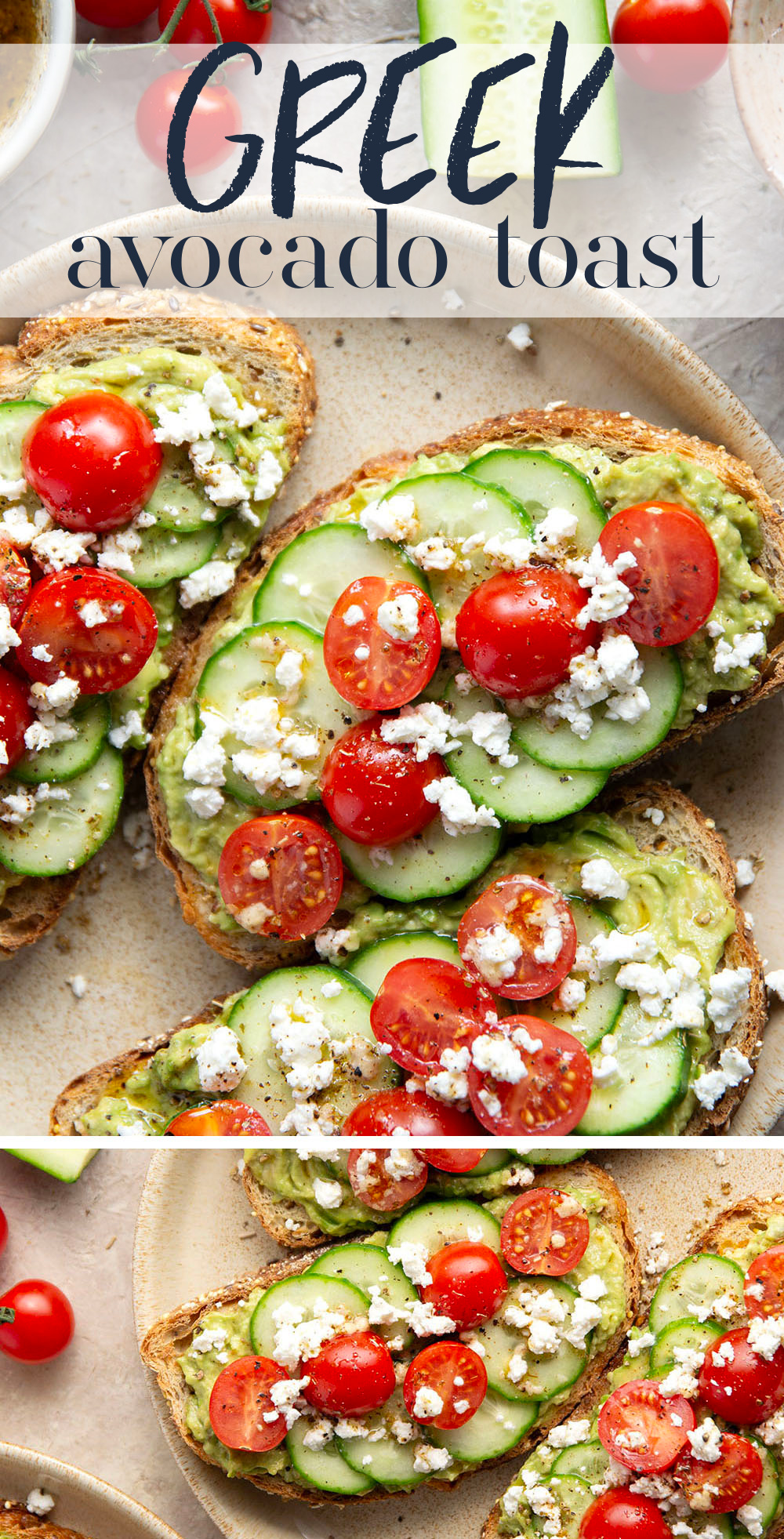 This Greek avocado toast is quick and easy enough for any kind of breakfast occasion! Pile toasted bread slices with silky mashed avocado, crisp cucumber slices, lots of fresh cherry tomatoes, and feta.