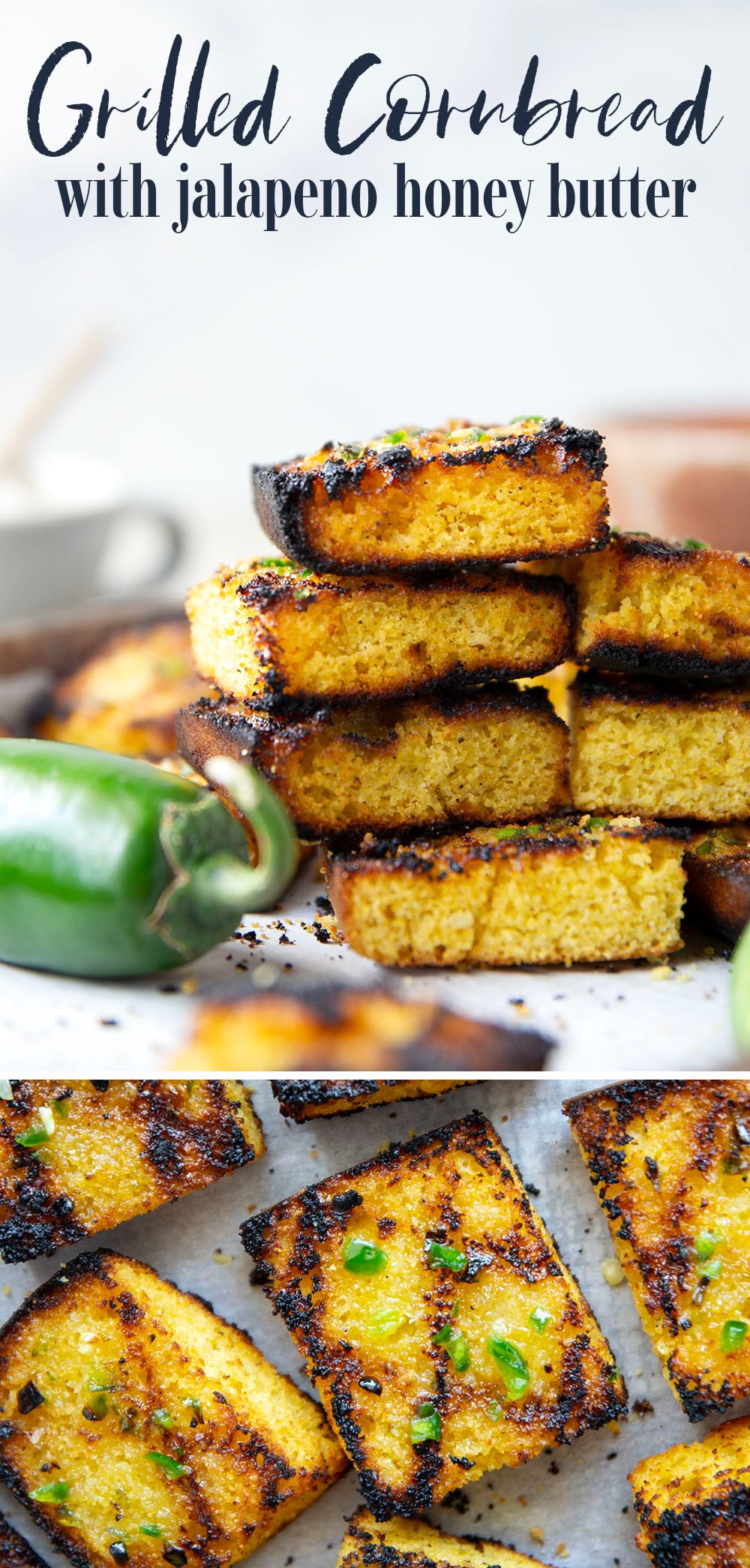 This grilled cornbread features homemade cornbread squares spread with a spicy jalapeno honey butter and then quickly cooked on the grill until perfectly crispy!