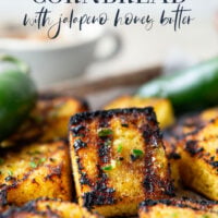 This grilled cornbread features homemade cornbread squares spread with a spicy jalapeno honey butter and then quickly cooked on the grill until perfectly crispy!