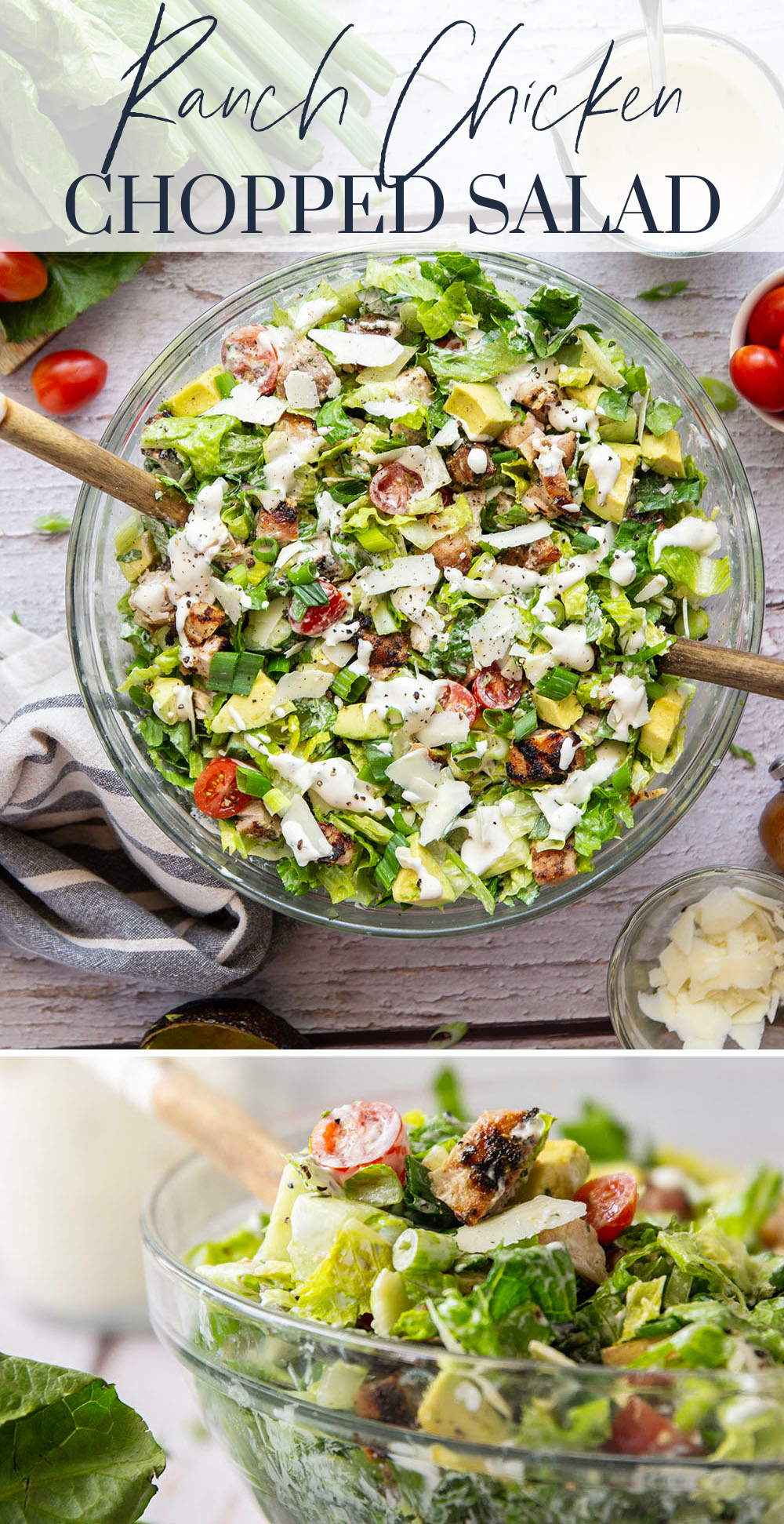 Smoky grilled chicken thighs, silky avocado cubes, cherry tomatoes, and a homemade buttermilk ranch dressing take this ranch chicken chopped salad to another level!