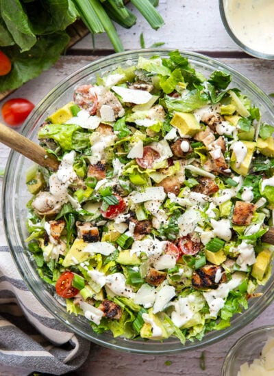 Smoky grilled chicken thighs, silky avocado cubes, cherry tomatoes, and a homemade buttermilk ranch dressing take this ranch chicken chopped salad to another level!