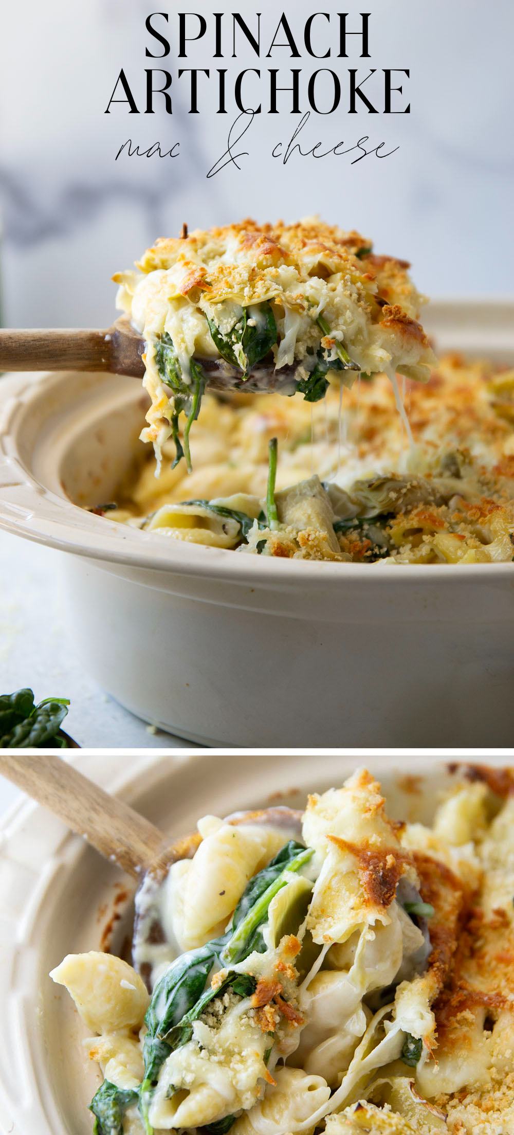 This spinach artichoke mac and cheese combines all the things you love about spinach artichoke dip in one comforting side dish! Packed with two kinds of cheese and lots of tender spinach and artichoke hearts.