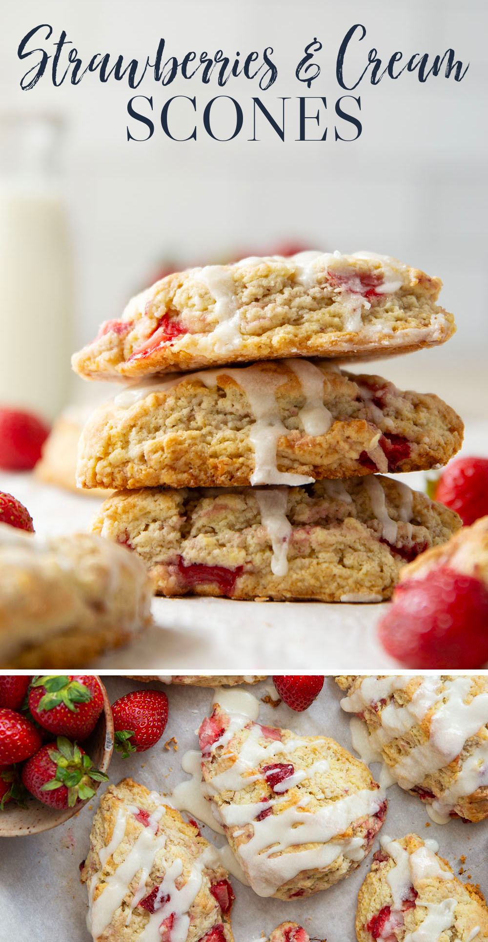 Loaded with little bursts of fresh strawberries and drizzled with a rich sweet cream glaze, these flaky strawberries and cream scones are always the most popular pastry on the table!