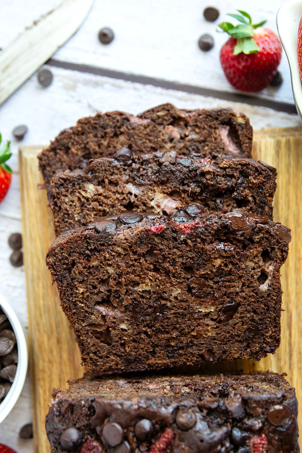 A double whammy of chocolate and juicy strawberries come together in this indulgent chocolate strawberry banana bread. You can't help but go back for another slice!
