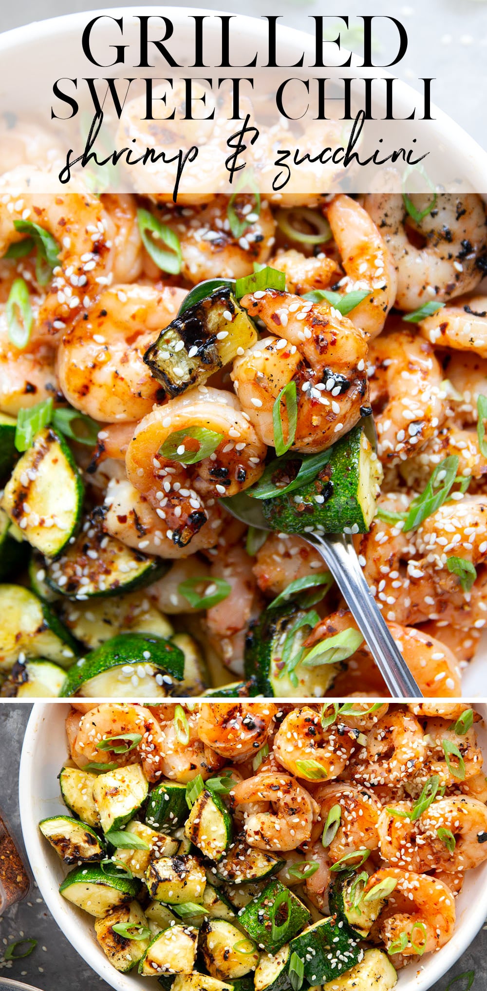 Grilled in spicy sweet chili sauce alongside tender zucchini cubes, this grilled sweet chili shrimp is a quick summer meal that's fantastic as an appetizer or served alongside rice.