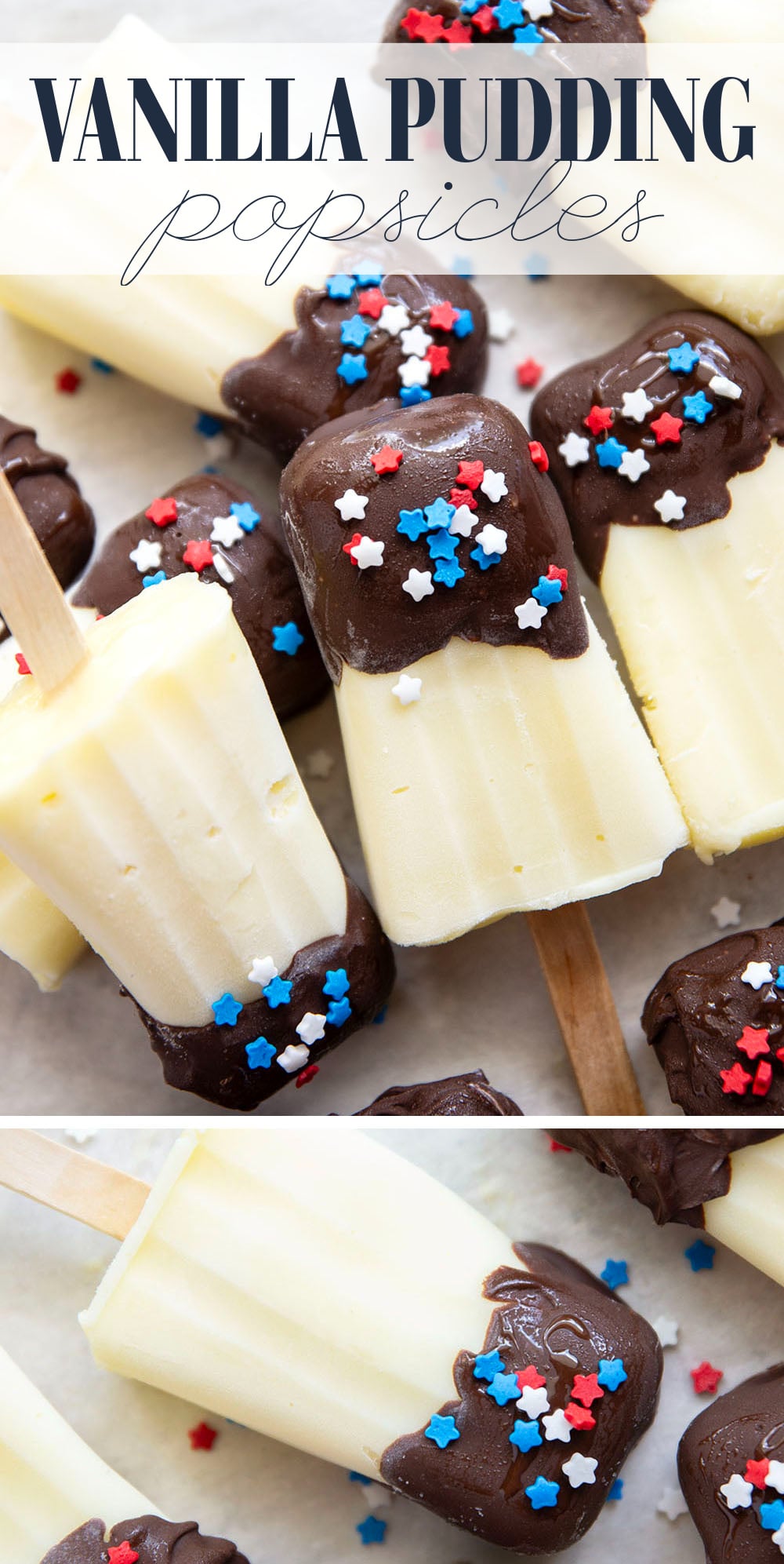 These vanilla pudding popsicles feature creamy homemade vanilla pudding frozen into pops and dipped in chocolate. Keep these stocked in your freezer all summer!