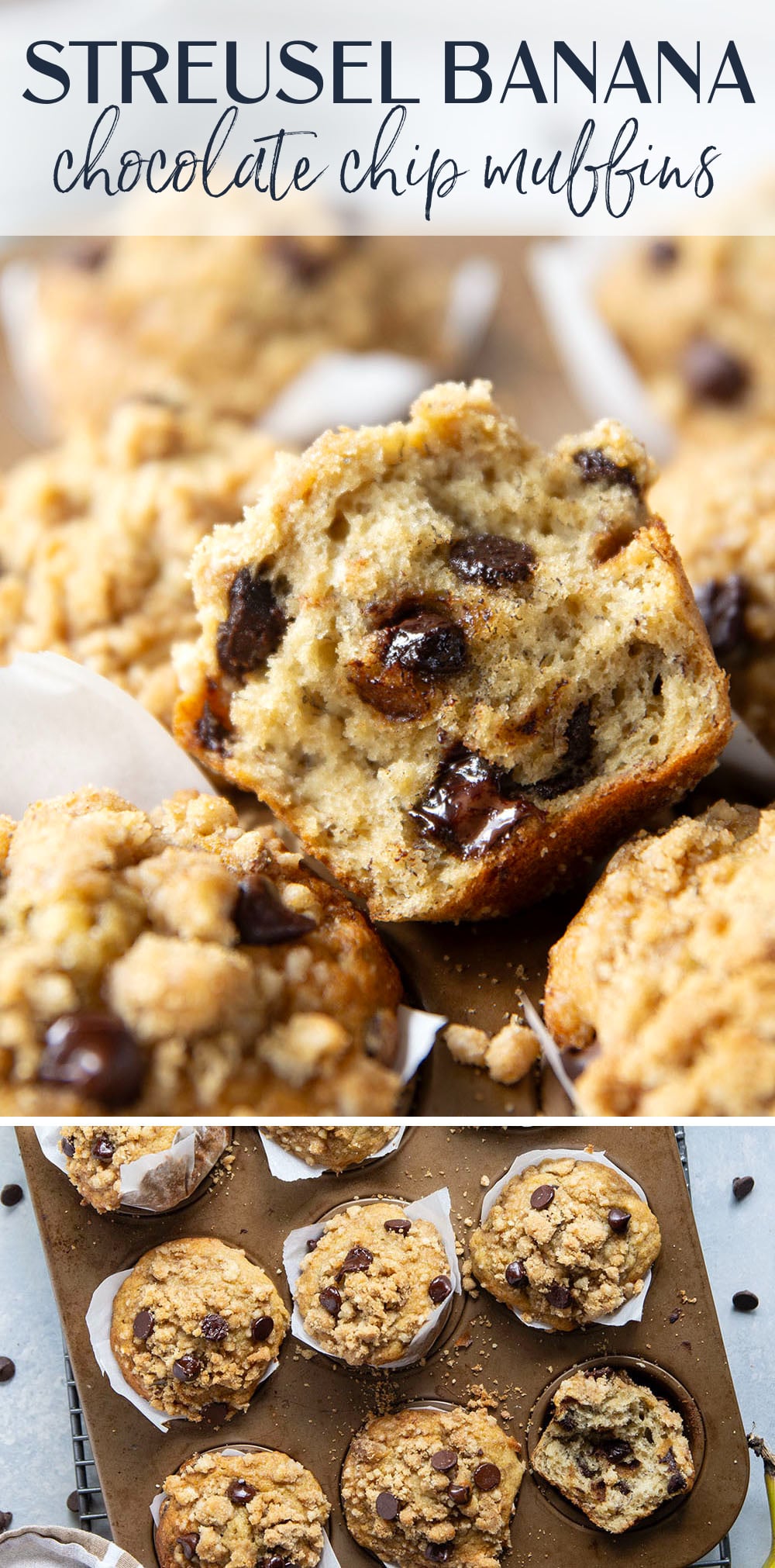 These banana chocolate chip muffins feature the texture you love about banana bread in muffin form along with lots of gooey chocolate and a to-die-for buttery streusel on top.
