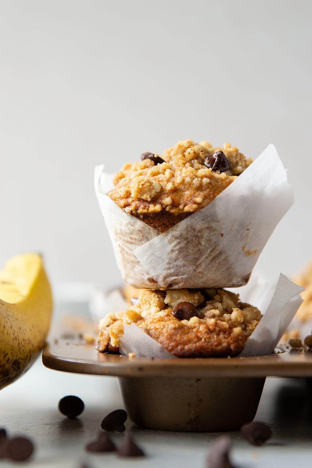 These banana chocolate chip muffins feature the texture you love about banana bread in muffin form along with lots of gooey chocolate and a to-die-for buttery streusel on top.