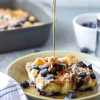 You've just found your new favorite breakfast! This blueberry french toast casserole is unbelievably moist inside, loaded with juicy blueberries, and baked with a buttery brown sugar streusel on top.