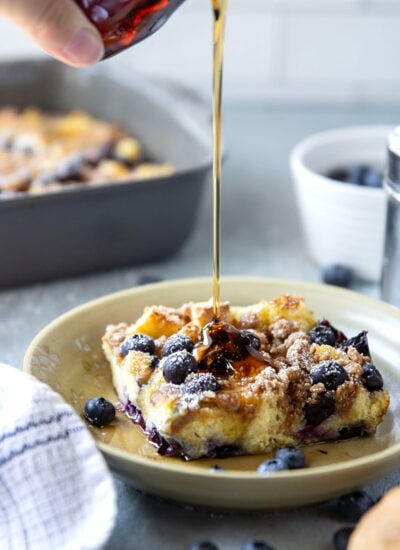 You've just found your new favorite breakfast! This blueberry french toast casserole is unbelievably moist inside, loaded with juicy blueberries, and baked with a buttery brown sugar streusel on top.