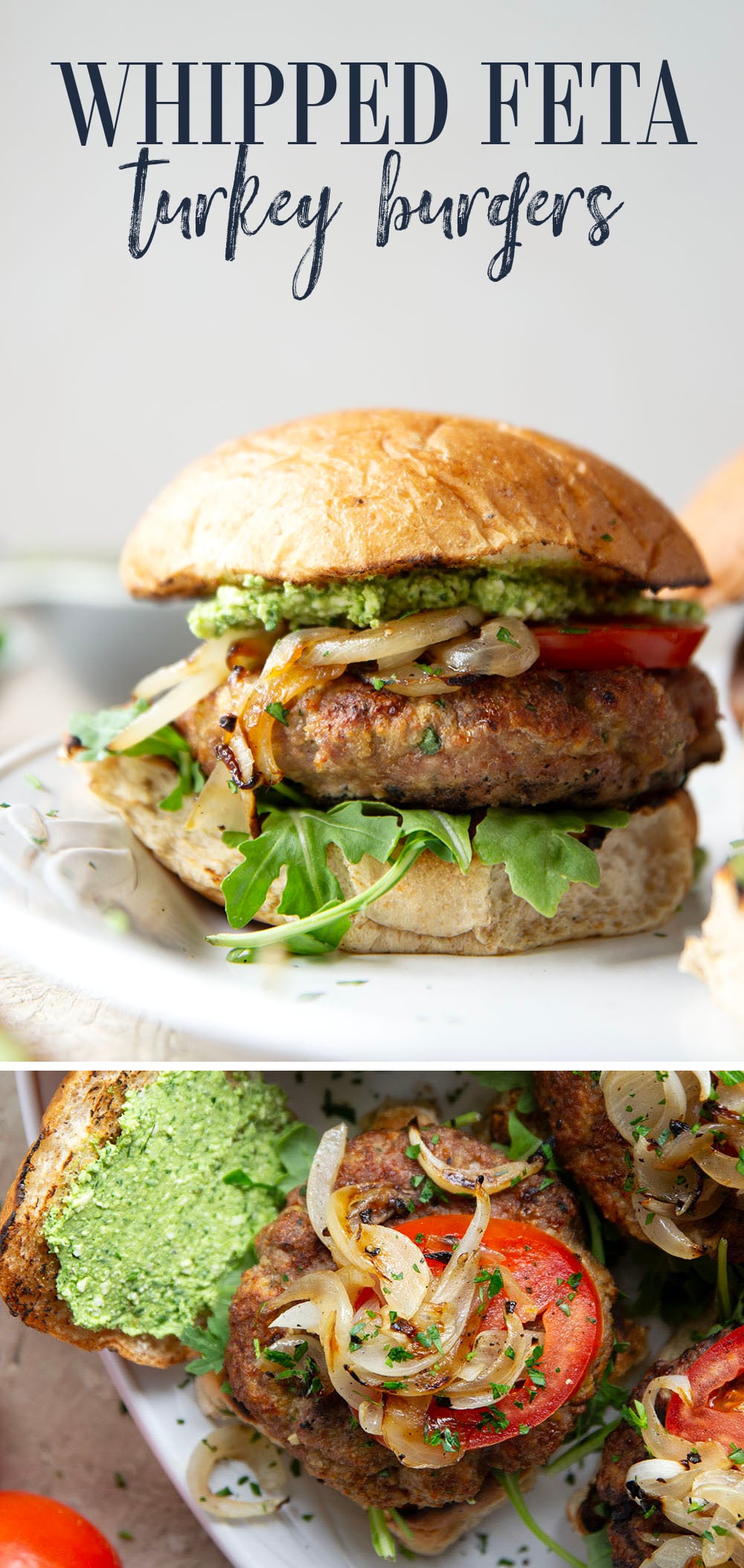 These feta turkey burgers have the ultimate juicy texture! A silky spinach whipped feta and plenty of grilled onions take them over the top.