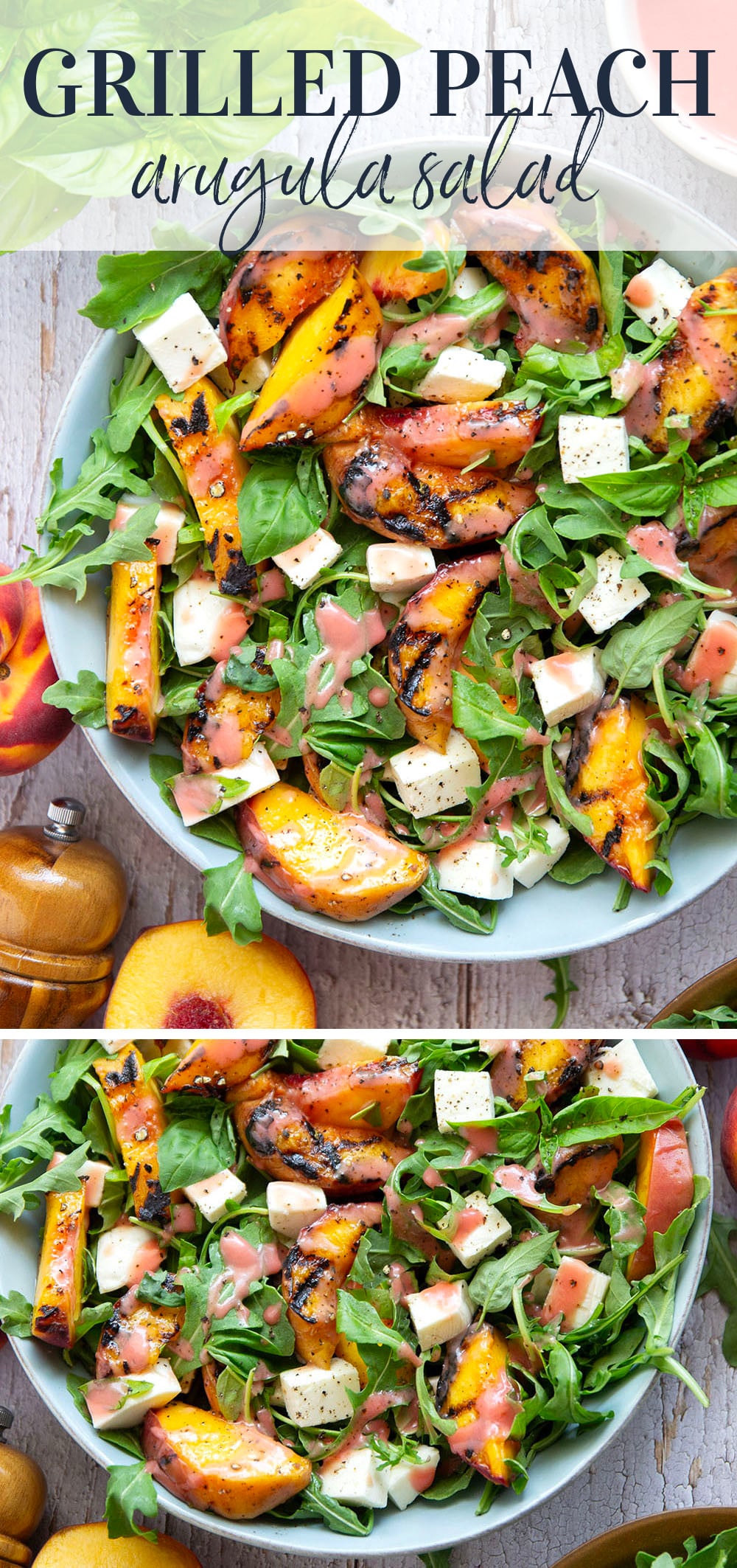 This peach arugula summer salad is loaded to the max with sweet grilled peach wedges, soft mozzarella cubes, and the most incredible homemade raspberry vinaigrette.