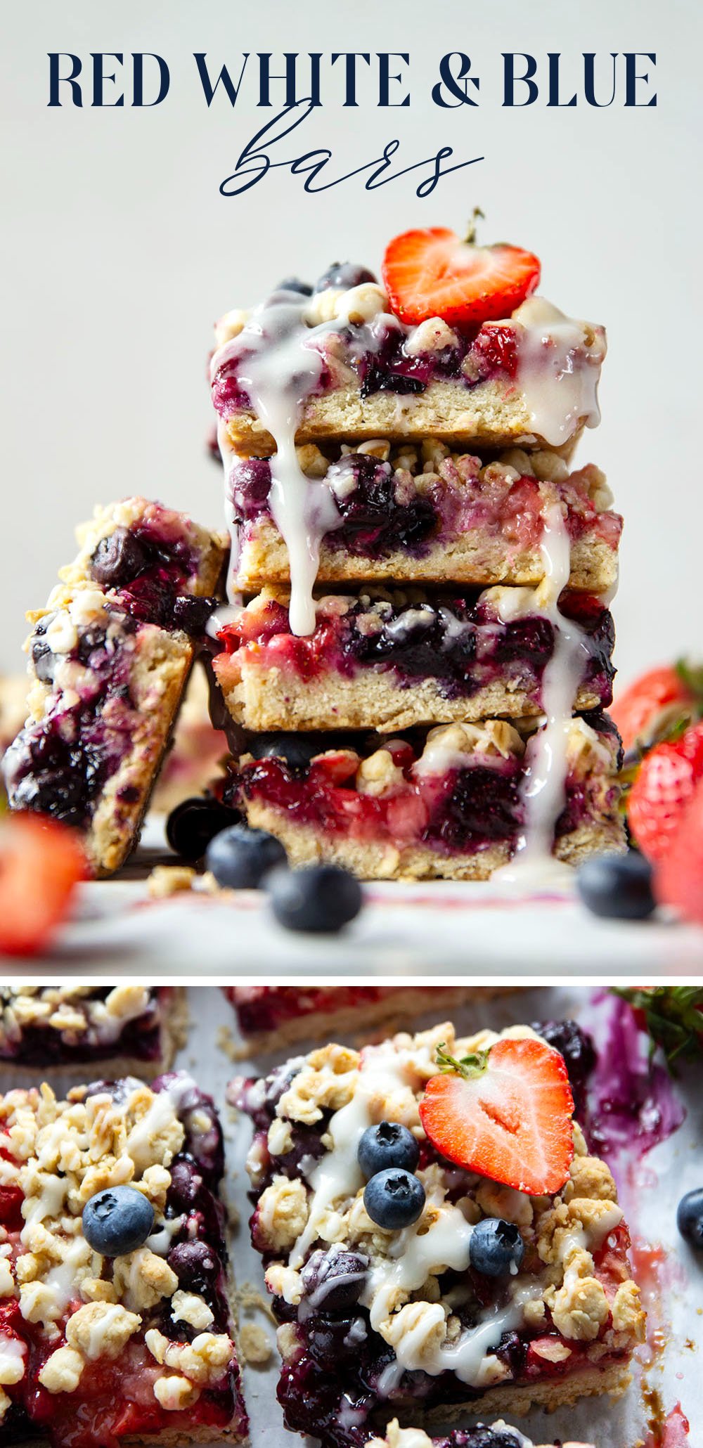 Loaded with a double whammy of berries, lots of streusel, and a creamy vanilla glaze, these red white and blue bars are an easy, festive treat for the 4th of July!