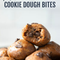 These almond butter cookie dough bites taste exactly like real cookie dough and feature a base of creamy almond butter and lots of chocolate chunks. Completely no-bake and lower in sugar!