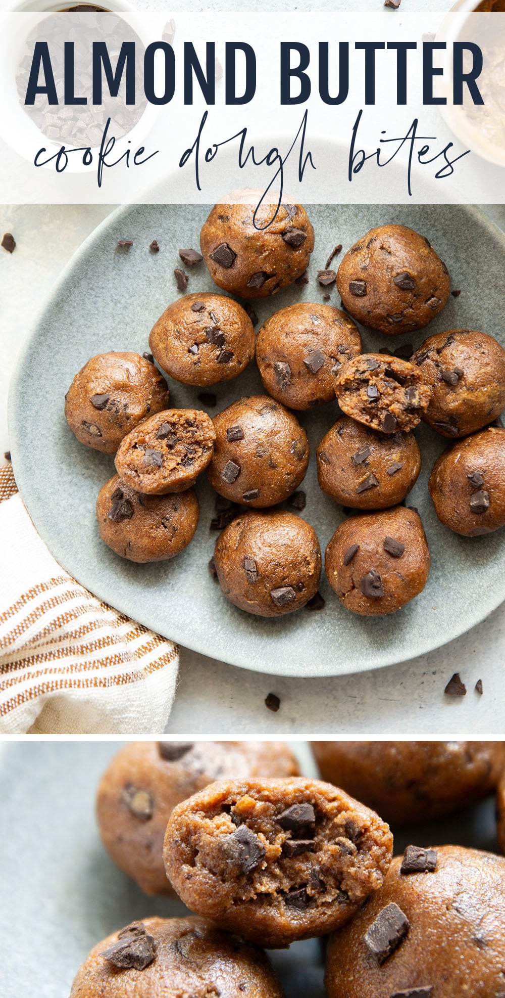These almond butter cookie dough bites taste exactly like real cookie dough and feature a base of creamy almond butter and lots of chocolate chunks. Completely no-bake and lower in sugar!