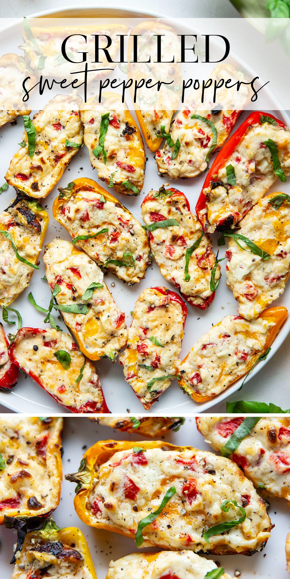 Stuffed with three different kinds of cheese and lots of pimentos, these sweet pepper poppers are grilled until perfectly smoky and the most addicting summer appetizer!