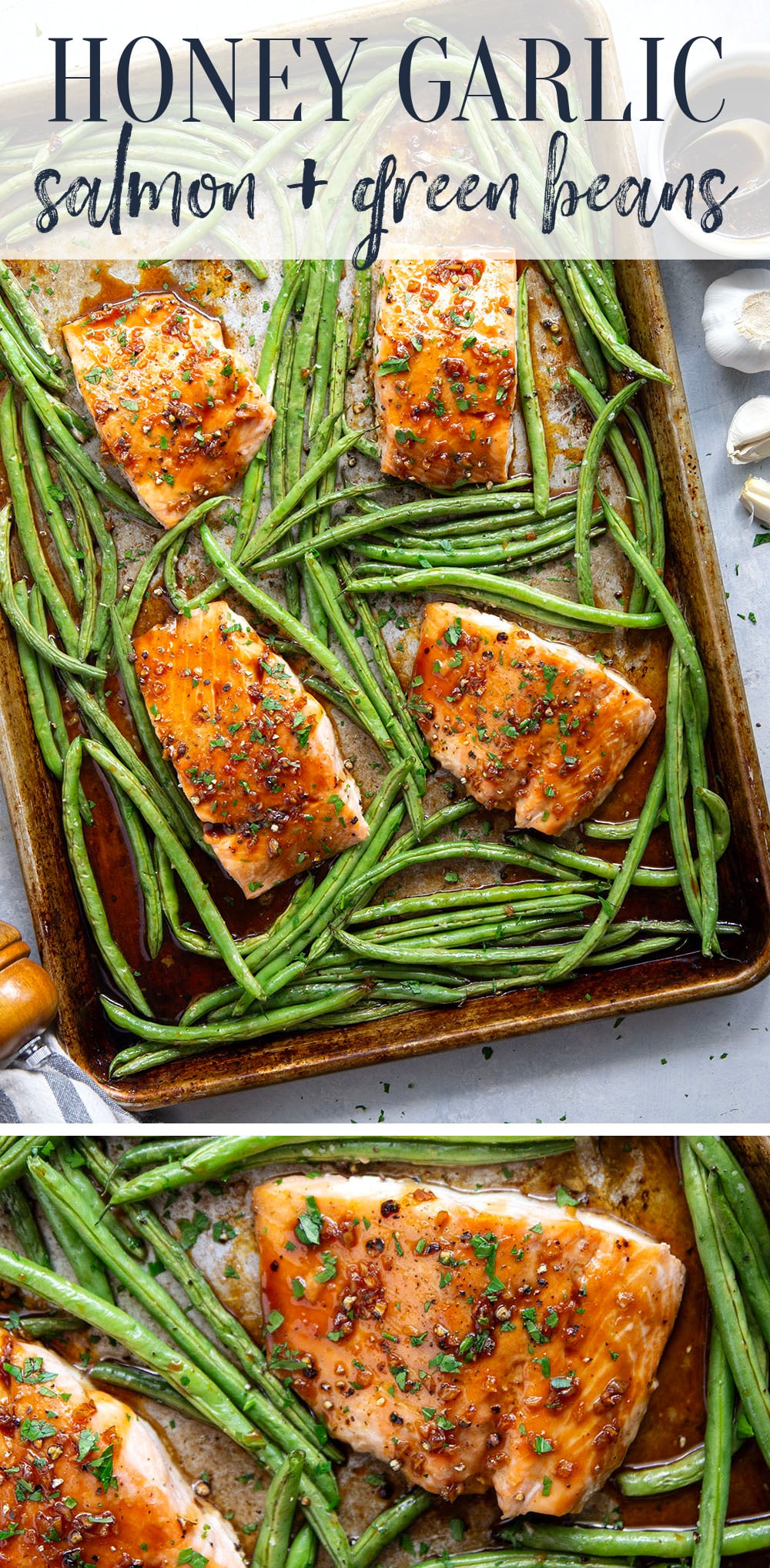 Sweet and sticky honey garlic salmon is baked on one sheet pan alongside tender green beans for a mess-free, flavor-packed weeknight dinner!