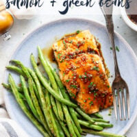 Sweet and sticky honey garlic salmon is baked on one sheet pan alongside tender green beans for a mess-free, flavor-packed weeknight dinner!