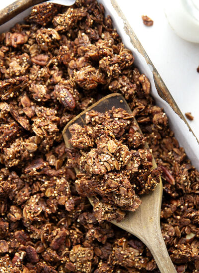 This chocolate quinoa granola is packed with tons of chocolate and the quinoa addition gives it an incredible crispy texture.