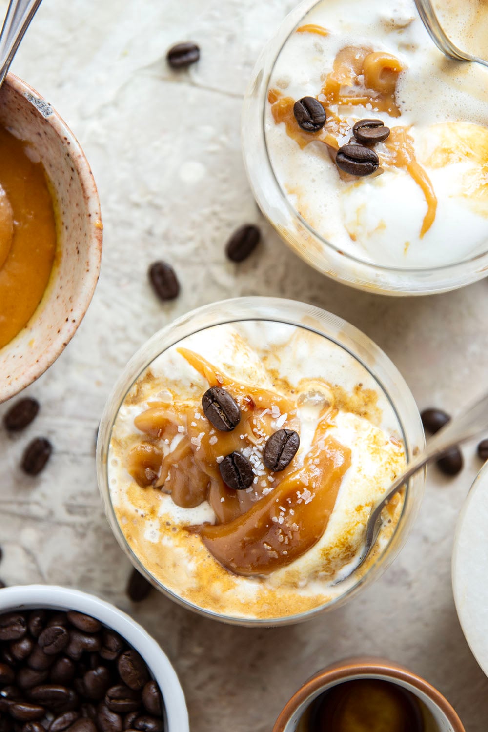 Drizzles of homemade salted caramel sauce, rich espresso, and creamy vanilla ice cream come together in this salted caramel affogato.
