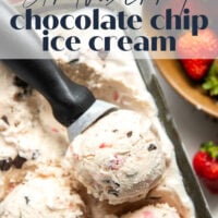 Churned with a fresh strawberry sauce and lots of chocolate chip pieces, this strawberry chocolate chip ice cream is dreamy with fresh summer strawberries!