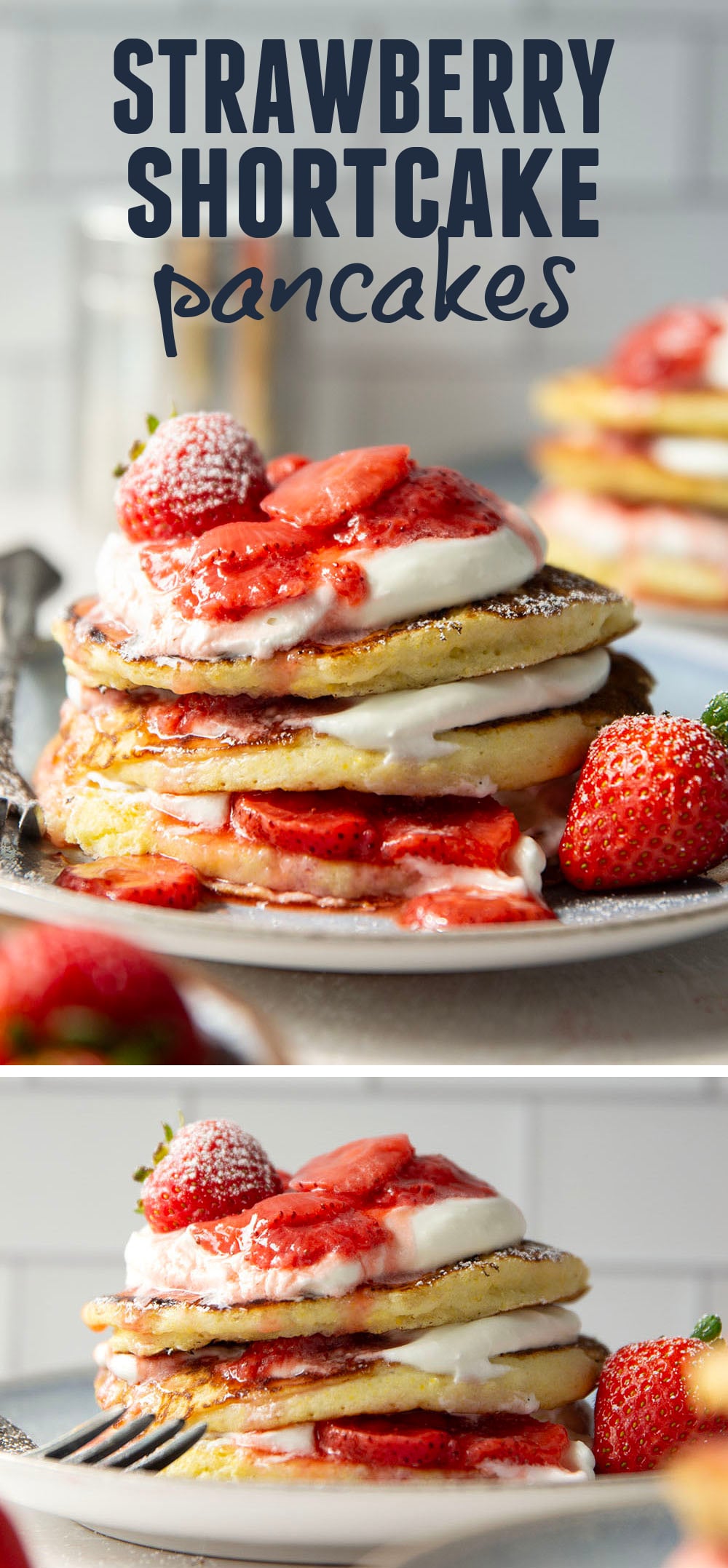 These strawberry shortcake pancakes feature layers of fluffy buttermilk cornmeal pancakes, fresh whipped cream, and lots of juicy fresh strawberry sauce.