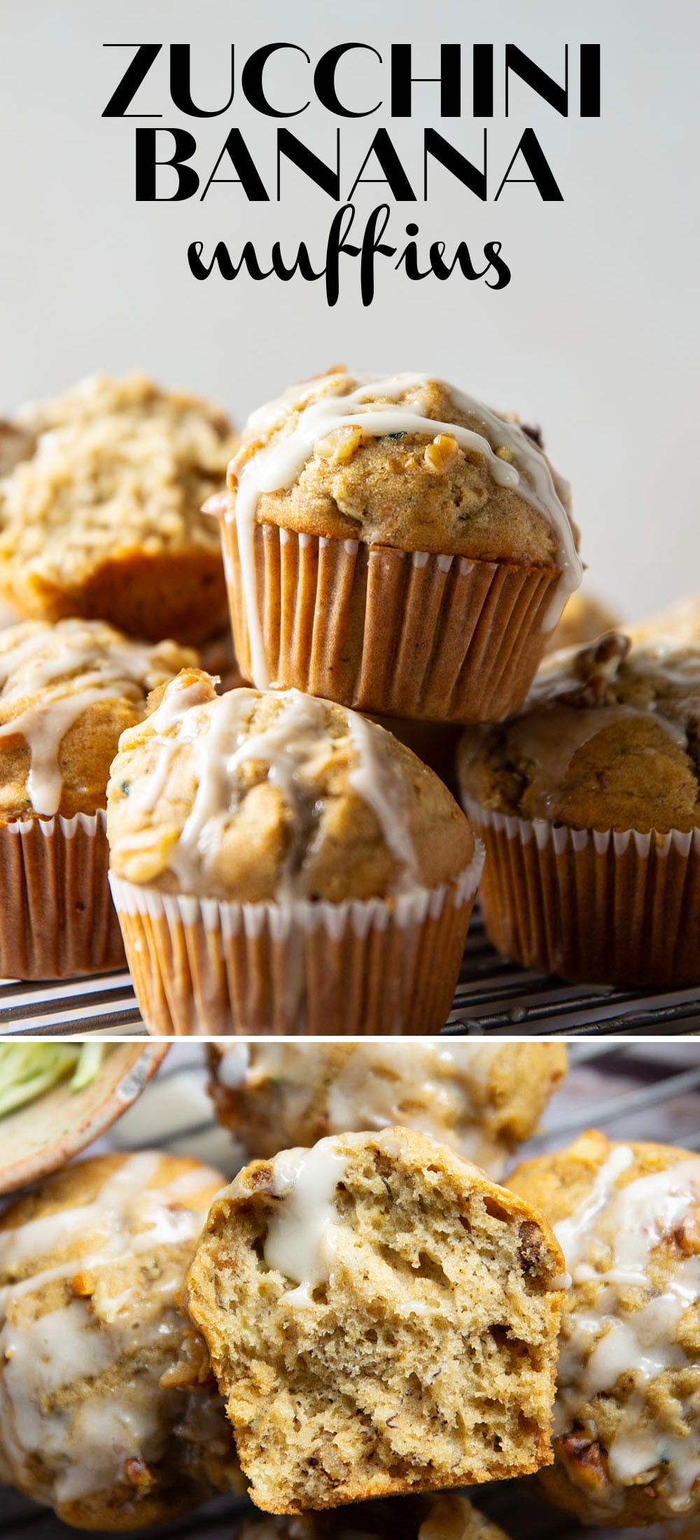 Perfectly spiced and drizzled with a creamy vanilla glaze, these zucchini banana muffins are extra moist from both mashed banana and shredded zucchini.