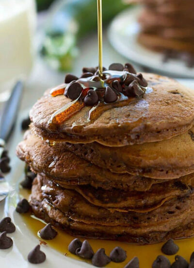 Supremely moist and loaded with a double hit of chocolate, nobody will ever guess that there's zucchini hiding inside these chocolate zucchini pancakes!